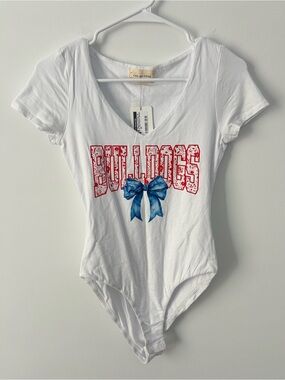 Krush White Bulldogs Graphic V-Neck Bodysuit with Blue Bow